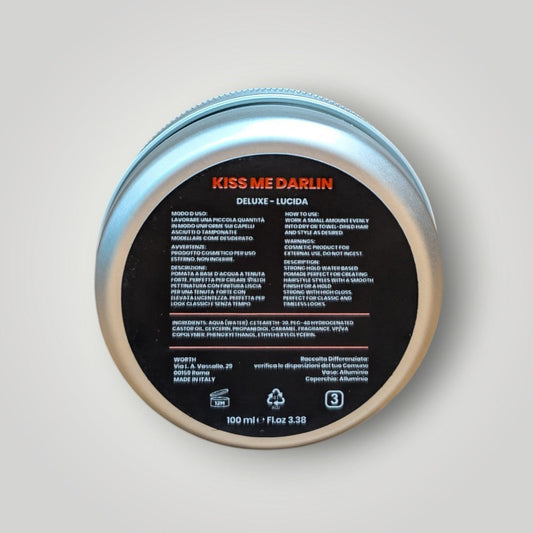 Kiss Me Darlin' Roma Deluxe pomade for strong hold hair styling with a glossy finish. Water-based formula.