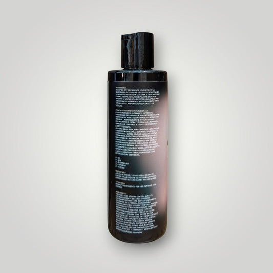 Kiss Me Darlin' Roma shampoo bottle with label detailing ingredients like Pro-Vitamin B5, silk amino acids, and seaweed extract for all hair types.
