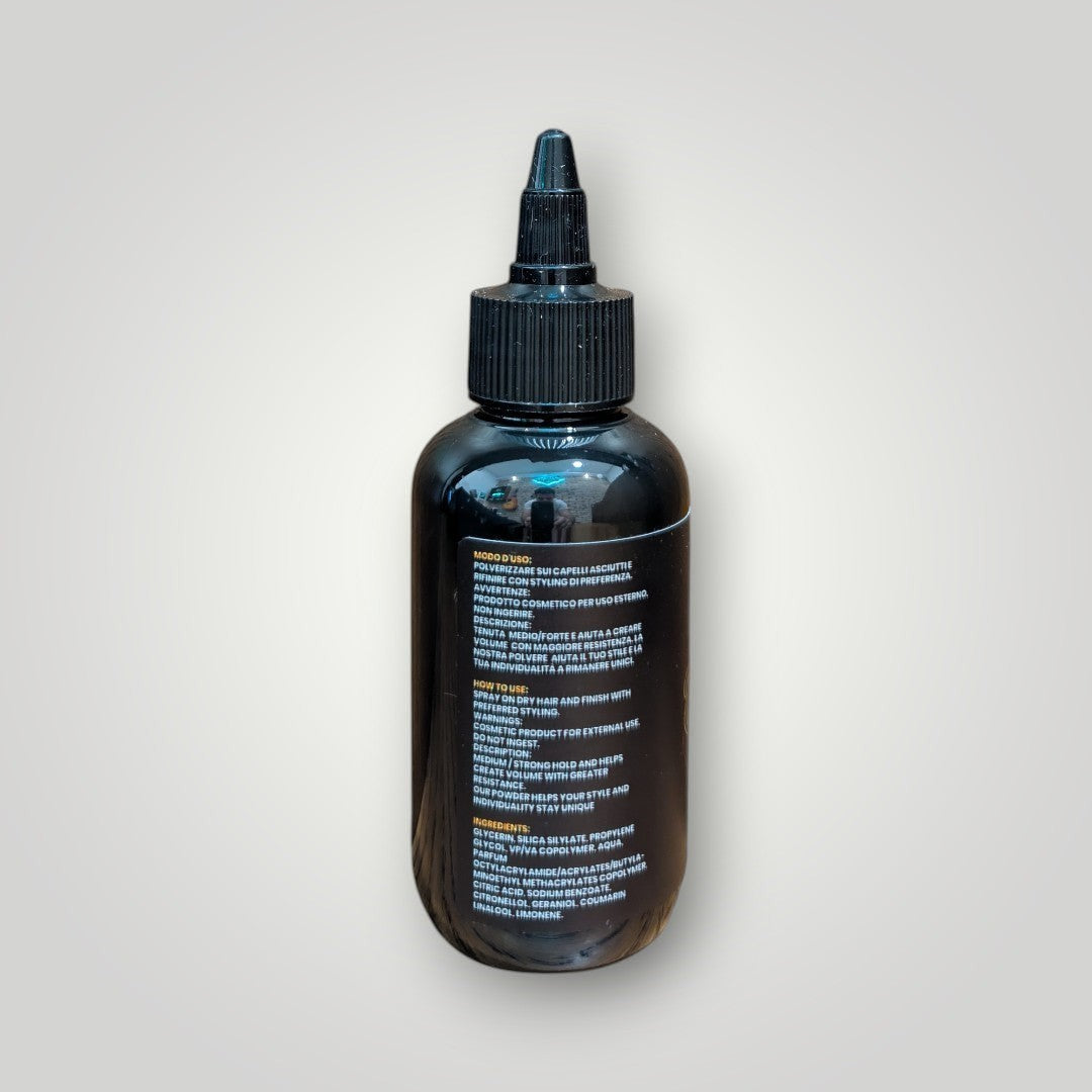 Kiss Me Darlin' Roma volumizing styling powder in a black bottle with a black cap and applicator. For fuller hair.