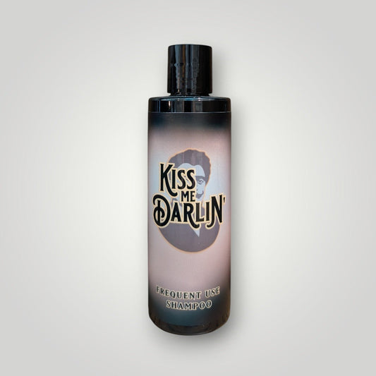 Kiss Me Darlin' Roma frequent use shampoo for all hair types, 250ml bottle with black cap and gradient label featuring a portrait.