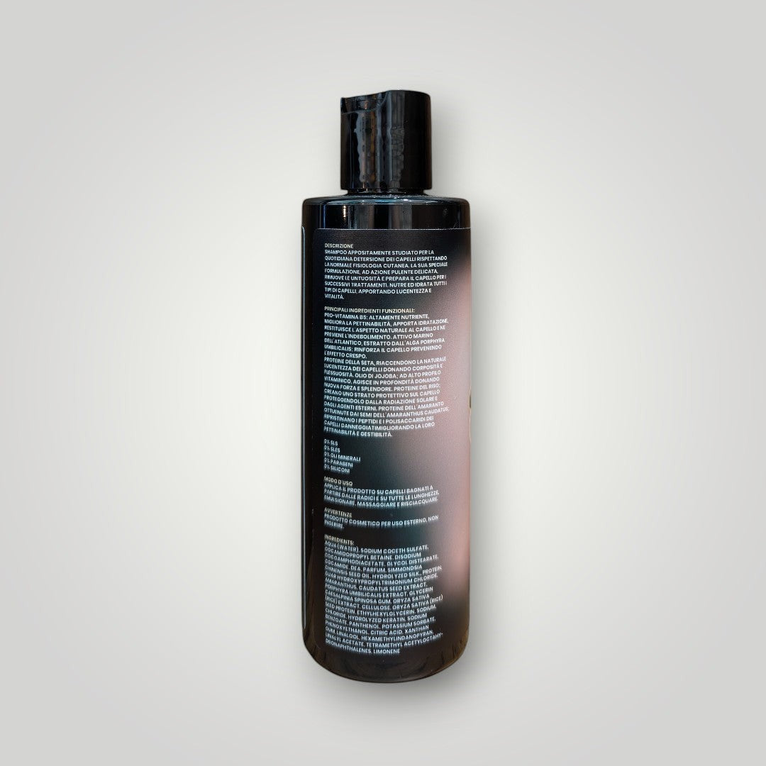 Kiss Me Darlin' Roma shampoo bottle with label detailing ingredients like Pro-Vitamin B5, silk amino acids, and seaweed extract for all hair types.